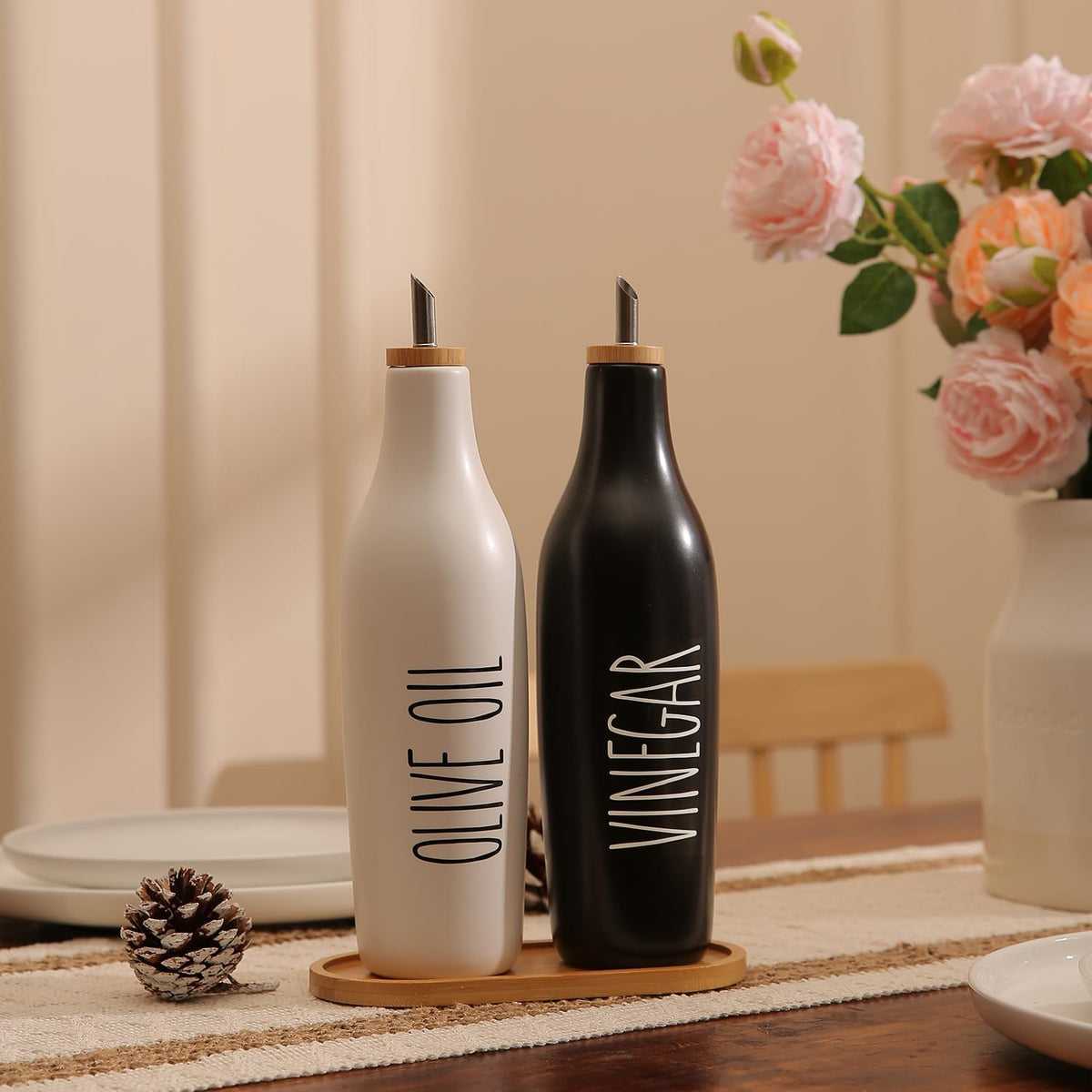 HOMCDALY Olive Oil and Vinegar Dispenser Set, 16oz Ceramic Oil Dispenser for Kitchen, Kitchen Dispenser Bottle for EVOO Vinegar Syrups, Modern Farmhouse Design| Set of 2 – P-Black&White