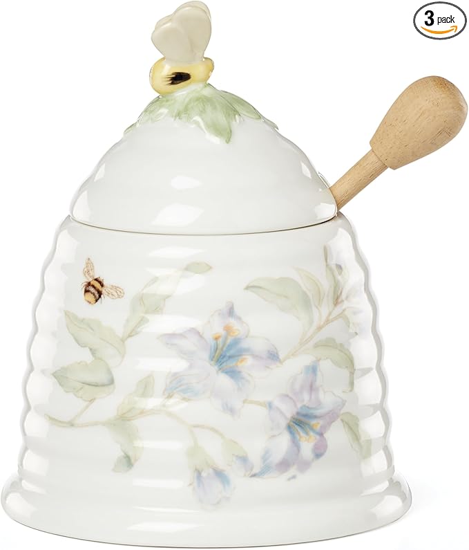 Lenox Home And Kitchen, Butterfly Meadow Beehive Honey Pot, Porcelain Material, Dishwasher Safe, Honey Jar, Honeypot, Bee And Flower Design, Bee Decor, Home Decor (White, 1 Piece, 10 Ounce Capacity)