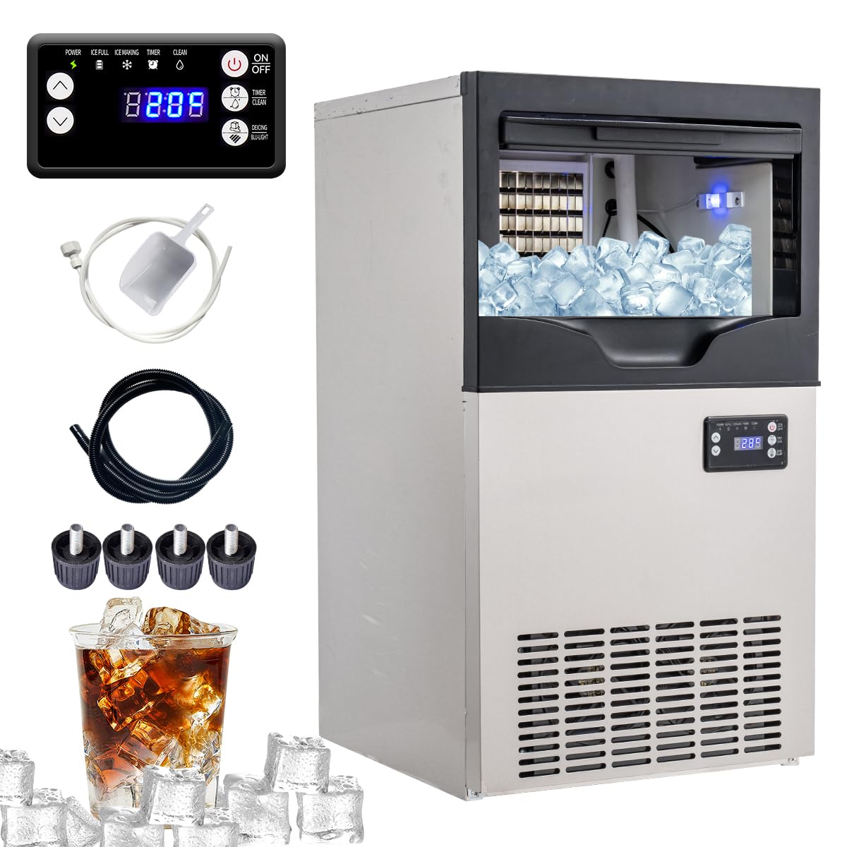 Commercial Ice Maker Machine, 110lbs/24H Stainless Steel Under Counter ice Machine with 22lbs Ice Storage Capacity, 6 Levels of Ice Thickness Adjustment, Ice Ready in 5-15 min