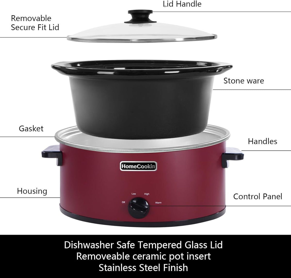 HOMECOOKIN 7 Quart Slow Cooker Oval Manual Pot Food Warmer with 3 Cooking Settings, Red Stainless Steel