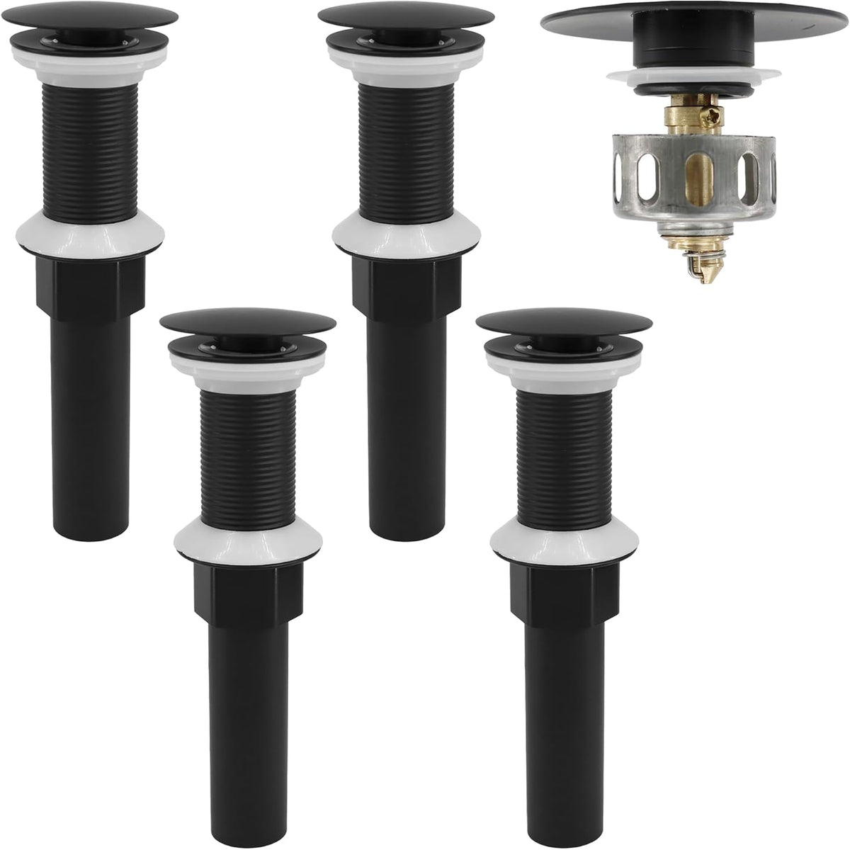 Bathroom Sink Drain,4 Pack Drain Stopper Without Overflow,Pop Up Drain Assembly with Detachable Strainer Basket,Built-in Anti-Clogging, Stainless Steel Nut Mattle Black