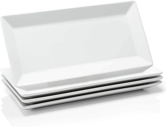 Sweese Porcelain Serving Tray, 12 Inch Rectangle Plates for Sushi, Meat, Desserts, Cakes, White Serving Platter for Restaurant, Banquet, Party, Microwave Oven Dishwasher Safe, Stackable, Set of 4