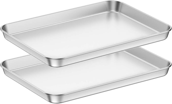 Baking Sheets 2 Pieces, Bastwe Cookie Sheets Set Stainless Steel Baking Pans Toaster Oven Tray Pans, Rectangle Size 12 × 10 × 1 inch, Rustproof & Healthy & Easy Clean & Dishwasher Safe