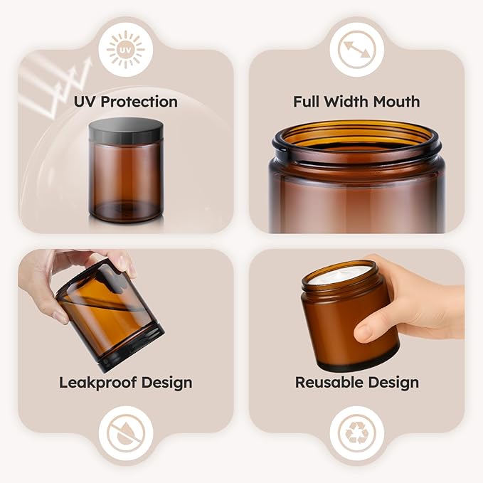 8 oz Amber Glass Jars with Lids, 12 Pack Amber Small Glass Jars with Black Lids, Lotion Container Empty Cosmetic Travel Containers for Sample, Cream, Lotion, Honey, Powder