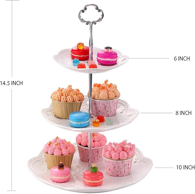 BonNoces 3-Tier Porcelain Cupcake Stand Serving Tray - White Embossed Elegant Dessert Cake Stand - Pastry Serving Stand for Tea Party, Wedding and Birthday