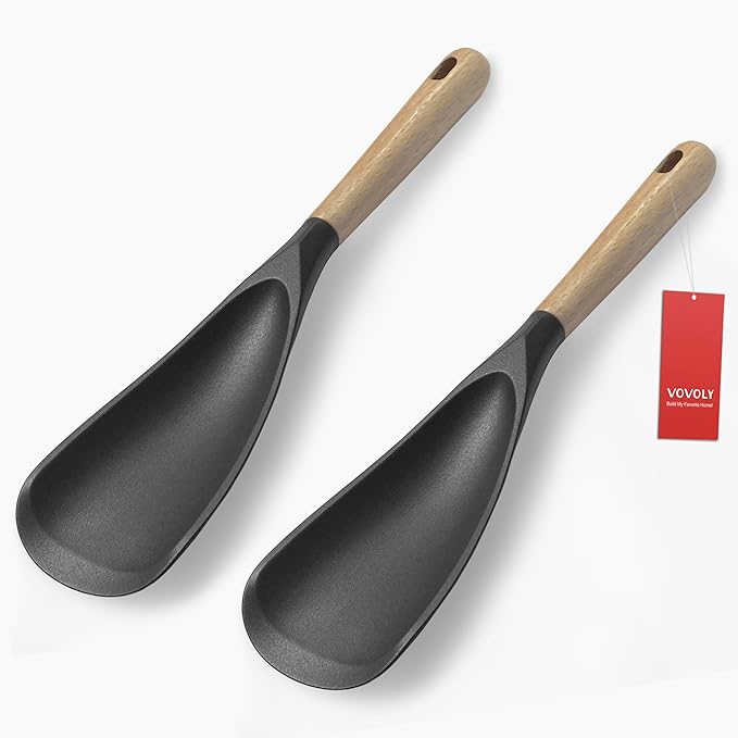 VOVOLY Cooking Spoon for Nonstick Cookingwares, Silicone Spatula Spoon for Mixing, Scoop, and Scrape, (Black-2 pack, 11.4'')