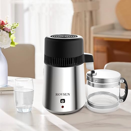 ROVSUN【Upgraded】 1.1 Gallon/4L Water Distiller Stainless Steel for Home, 750W Distilled Water Maker Machine, Water Distillers Countertop, Water Maker Purifier with Glass Container, 1L/H