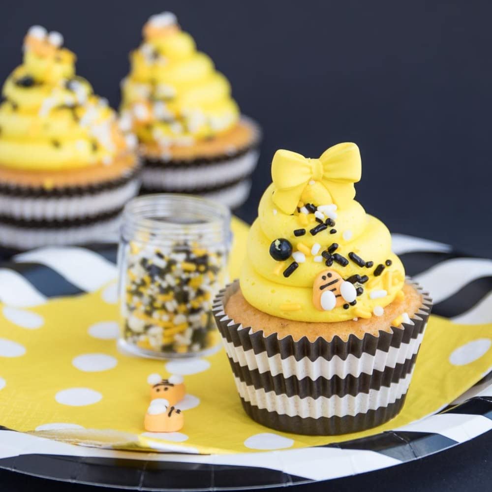 Bumble Bee Sprinkles for Cake Decorating and Baking Cookies, Cupcakes - Edible Batman Sprinkles and Bee Cake Decorations in Yellow Black White Jimmies, Nonpareils, Sugar Crystal, and Pearl Sprinkles