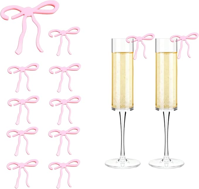 20 pcs Bow Drink Markers, Acrylic Drink Tags Bow themed Party Favors, Coquette Birthday Wedding Cocktail Party Decorations Pink Bow Party Accessories (Pink tags)