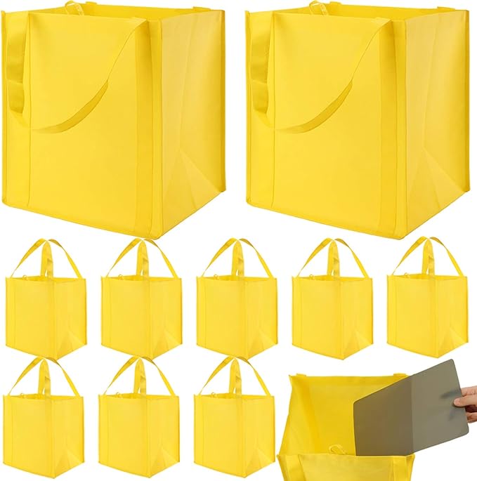 NERUB Set of 10 Reusable Grocery Bags Heavy Duty Shopping Bags Large Grocery Totes with Reinforced Bottom Super Sturdy Handles, Yellow