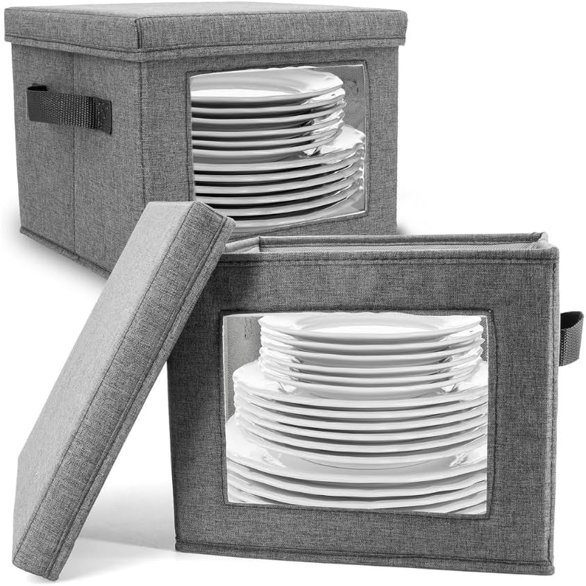 HOMELUX THEORY Hard Shell China Storage Containers for Dishes, 2pcs 12"x8" Plate Storage, Square Storage Containers with Lid, Heavy Duty Fine China Dish and Dinnerware Storage with 30 Felt Pads