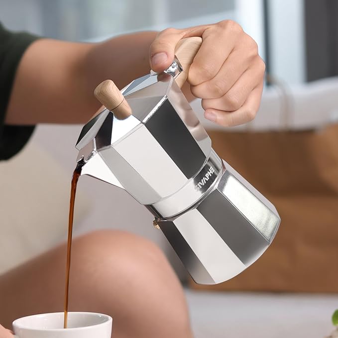 Sivaphe Aluminum Moka Pot 9 Espresso Cups, Percolator Espresso and Coffee Maker, Portable Stovetop Italian and Cuban Café Brewer for Home and Camping Sliver