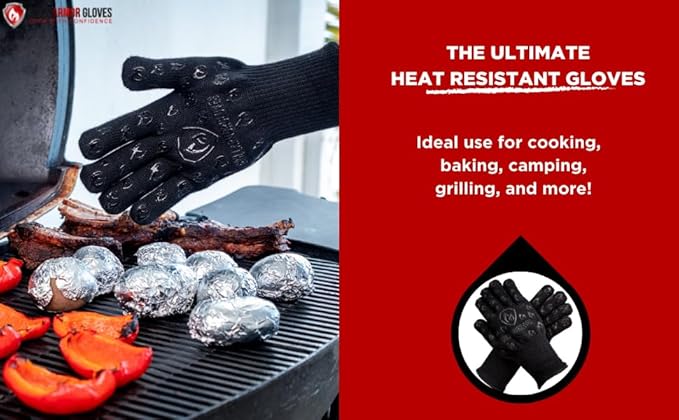 Grill Armor Oven Gloves with Fingers – Extra Long Cuff, 932°F Heat, Fire & Cut Resistant Mitts for BBQ, Grill, Cooking, Grilling, Baking & Smoker