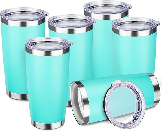 StarSpeed 20oz Tumbler Bulk with Lid, Stainless Steel Insulated Tumblers Double Wall Vacuum Insulated Travel Mug, Powder Coated Coffee Cups for Hot and Cold Drinks(Light Green,6)