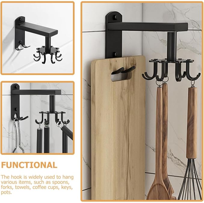 FRCOLOR Rotatable 8-Claw Kitchen Utensil Hooks Black Thickened Space Aluminum Alloy Swivel Wall Mount Organizer for Hanging Cooking Tools and Measuring Cups