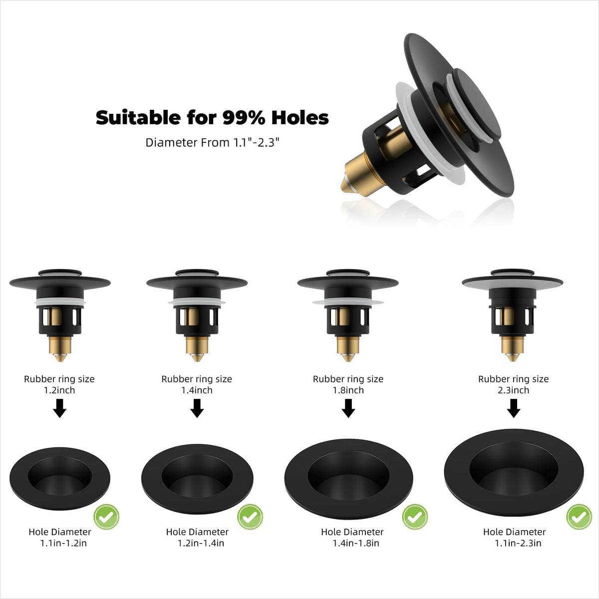 Hibbent 2 Pack All Metal Universal Bathroom Sink Stopper for 1.1''~2.3'' Basin, Pop Up Sink Drain Strainer, Brass Bullet Core Push Type Stopper, Stainless Steel Anti Clogging Drain Filter, Matte Black