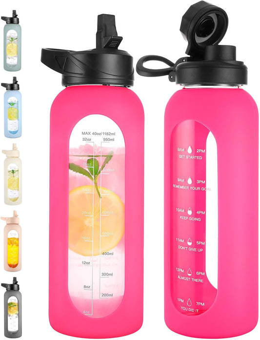 CIVAGO 40 oz Glass Water Bottle with Straw and Handle, Large Sports Motivational Water Bottle Flask with Time Marker and 2 Lids, Leakproof Water Jug Canteen with Silicone Sleeve for Gym,Camelia