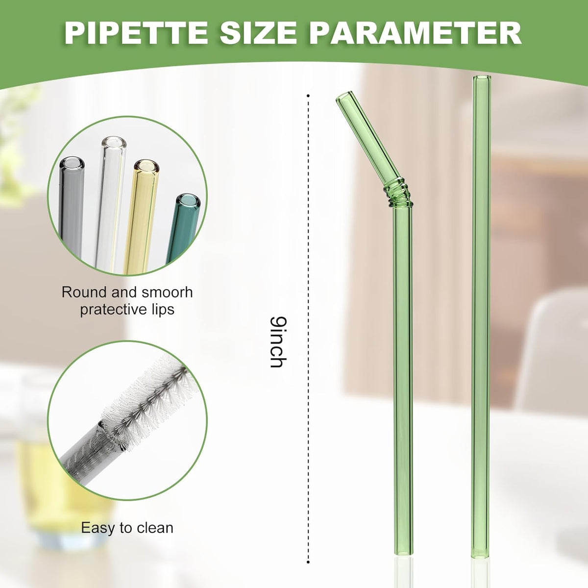 Curved Stained Glass Straws with Designs, 6-Pack Reusable, Approximately 9 Inches Long, 8MM Diameter, Shatterproof and Heat-Resistant, Includes 2 Cleaning Brushes.