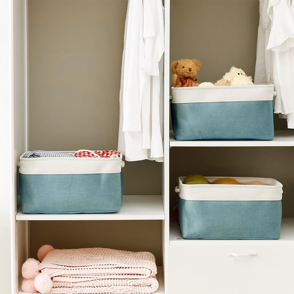 TheWarmHome Fabric Storage Bin with Handles,Storage Basket for Home Storage and Organization, Shelf Basket with Cover for Living Room Bedroom Closet（White & Green Large,15.7L*11.8W*8.3H
