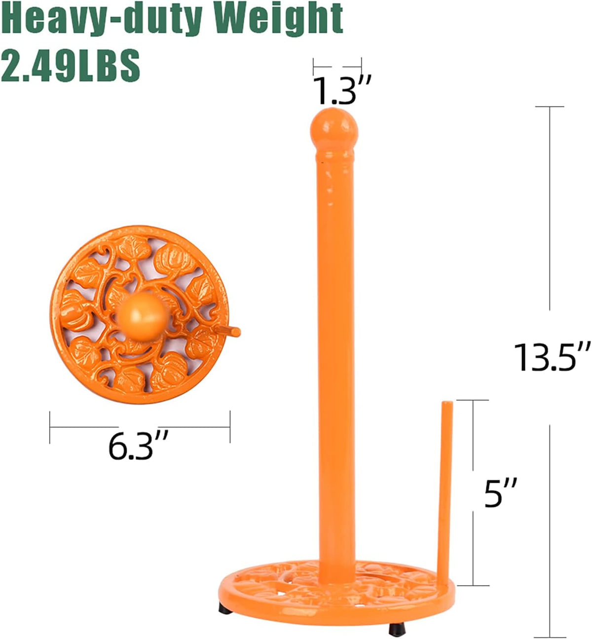 Cast Iron Paper Towel Holder, Vintage Chic Pumpkin Pattern Weighted Base Roll Paper Towel Holder Stand for Kitchen Bathroom Countertops, Orange