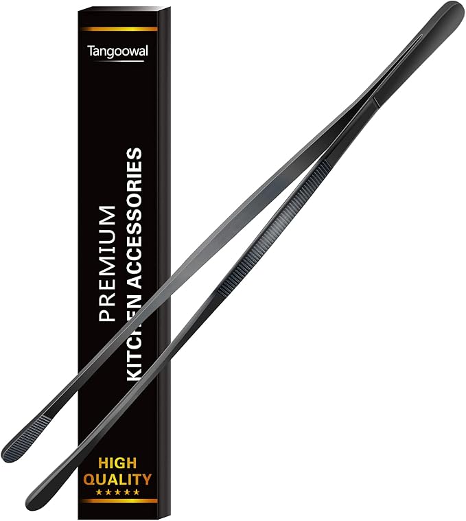 12-Inch Professional Kitchen & Cooking Tweezers Tongs - Stainless Steel Long Tweezer Tongs - Black Coated - BBQ,Plating,Multi-use