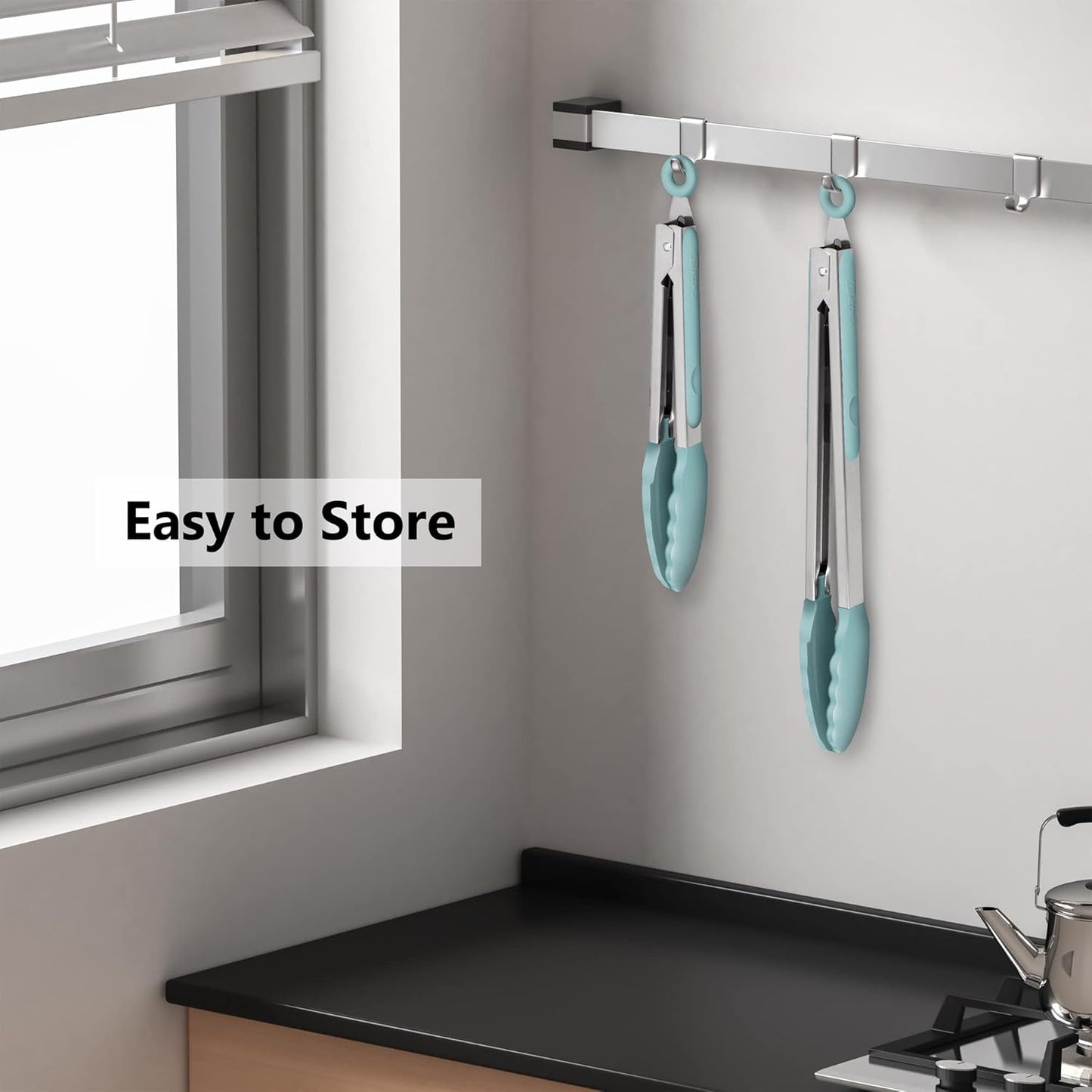 9-Inch & 12-Inch Cooking Tongs, Premium Silicone Set of 2 BPA Free Non-Stick Stainless Steel BBQ Grilling Locking Food Tong, Aqua Sky