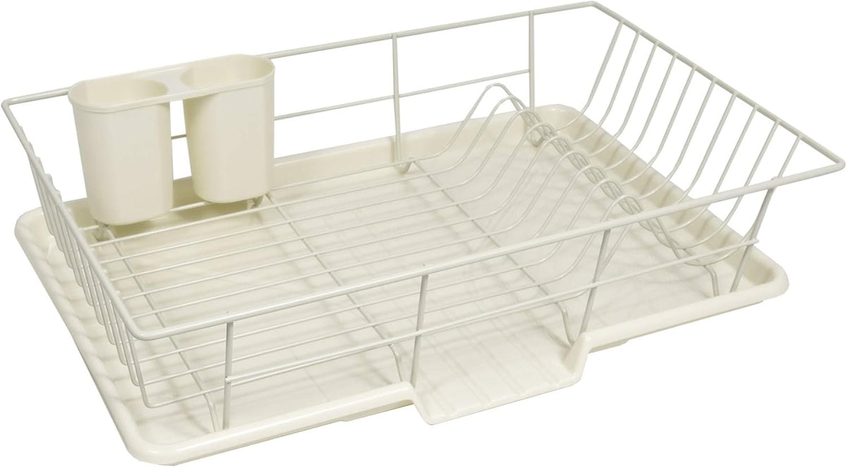 Sweet Home Collection Space-Saving 3-Piece Dish Drainer Rack Set: Efficient Kitchen Organizer for Quick Drying and Storage - Includes Cutlery Holder and Drainboard - Maximize Countertop Space, Ivory