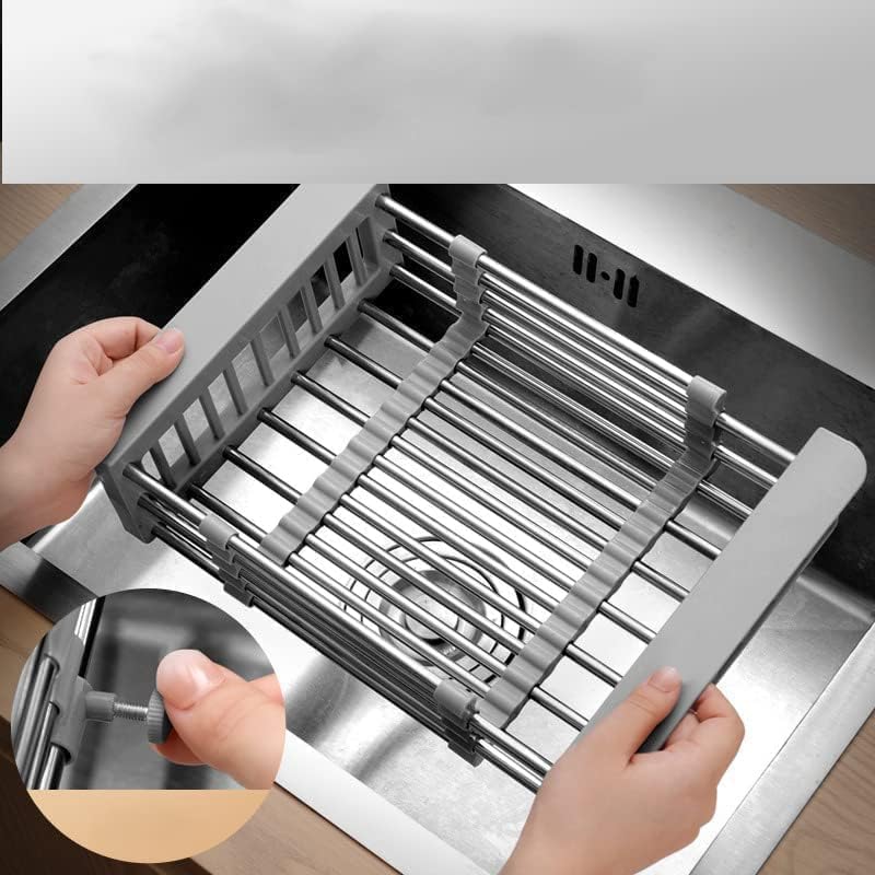 Cyrank Dish Drying Rack, Over The Sink PET Kitchen Rack, Expandable Drain Basket, Adjustable Stainless Steel Strainer, S#Grey