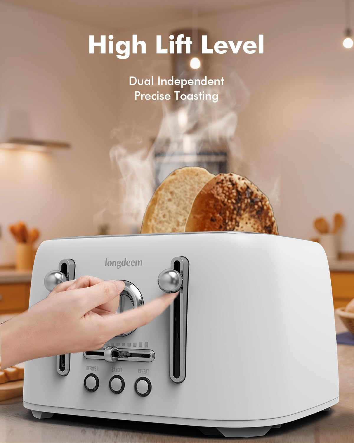4-Slice Stainless Steel Toaster with 1.6" Wide Slots, Retro Bagel Toaster with 6 Browning Levels, Defrost/Bagel/Cancel, Removable Crumb Tray, Cute White