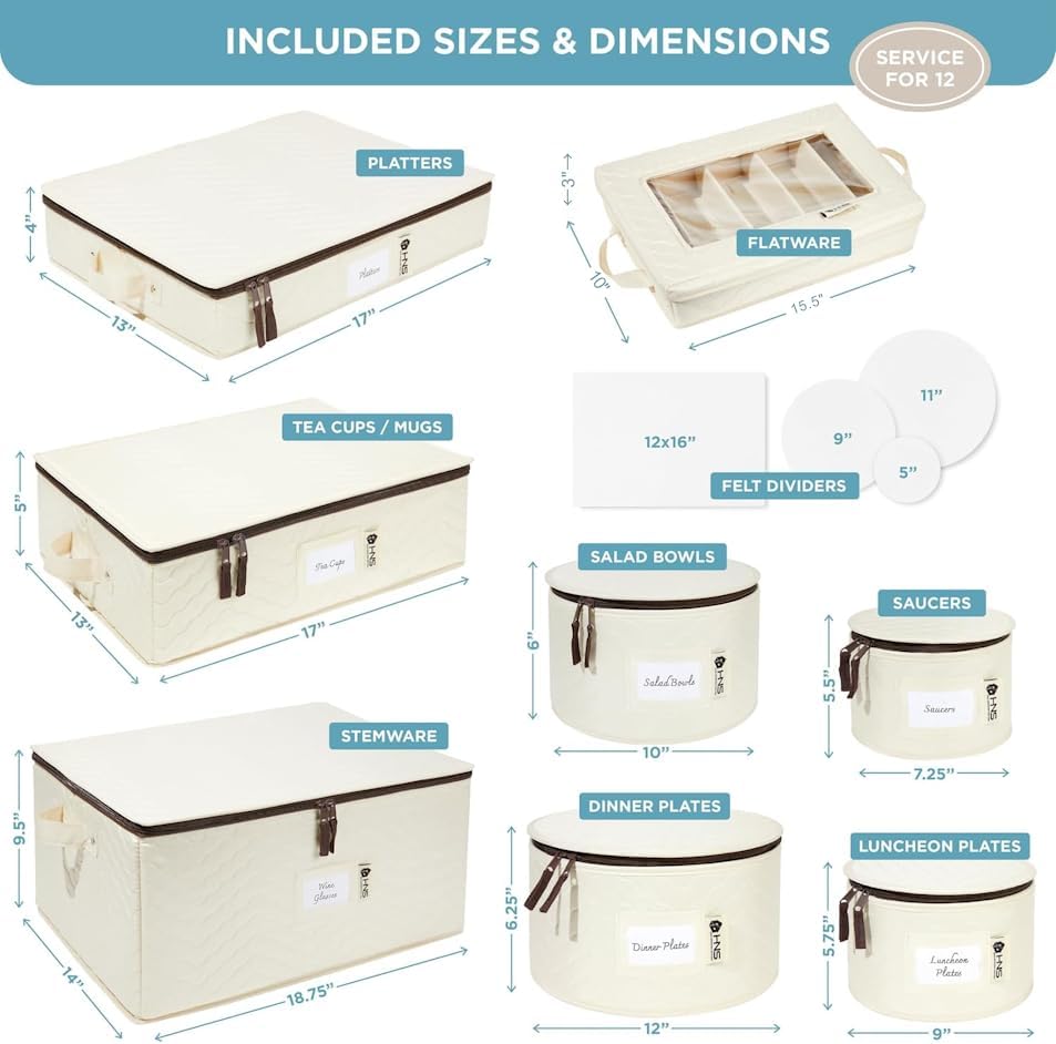 Hard Shell China Storage Containers 8-Piece Set Moving Boxes for Dinnerware, Glasses, Plates, Mugs and Saucers Sturdy Dish Organizer with Dividers for Seasonal Storage - Service for 12 - Beige Quilted