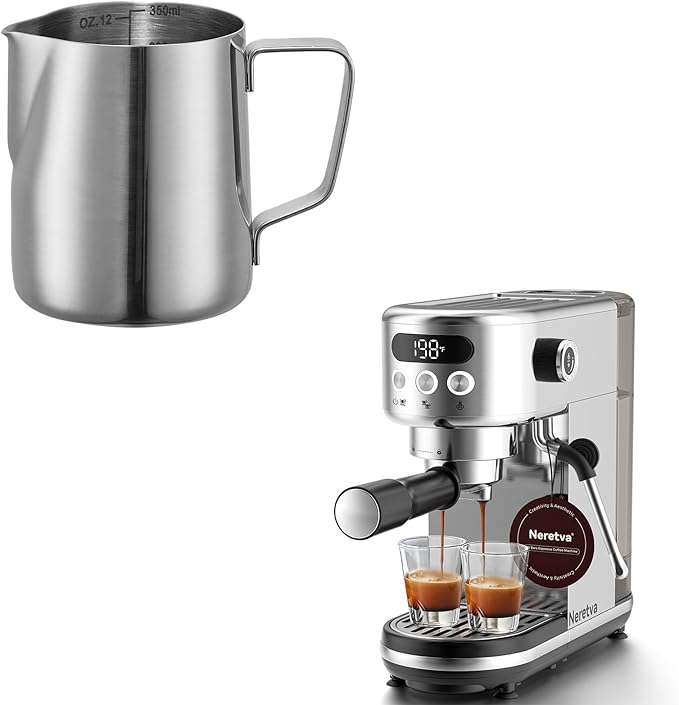 Neretva 20 Bar Espresso Machine with Milk Frothing Steam Wand & Milk Frothing Pitcher Jug Cup 350ML