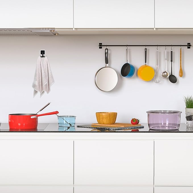 Cabilock 4pcs Rotatable Multi-Purpose Kitchen Utensil Hooks, 360° Folding No-Trace Adhesive Hooks, Black Hanging Soup Ladle and Spatula Storage Holder for Kitchen Organization
