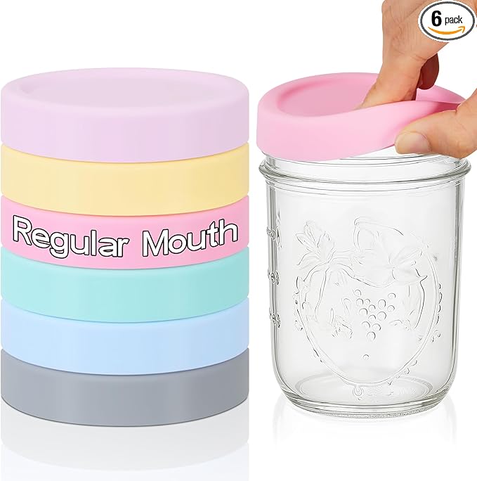 Teenyyou 6 Pcs Silicone Regular Mouth Lids Mason Jar Lids Thickened Leak Proof Lid for 70 mm All regular mouth Mason Jars, Reusable Large Canning Jar Caps(Macaron)