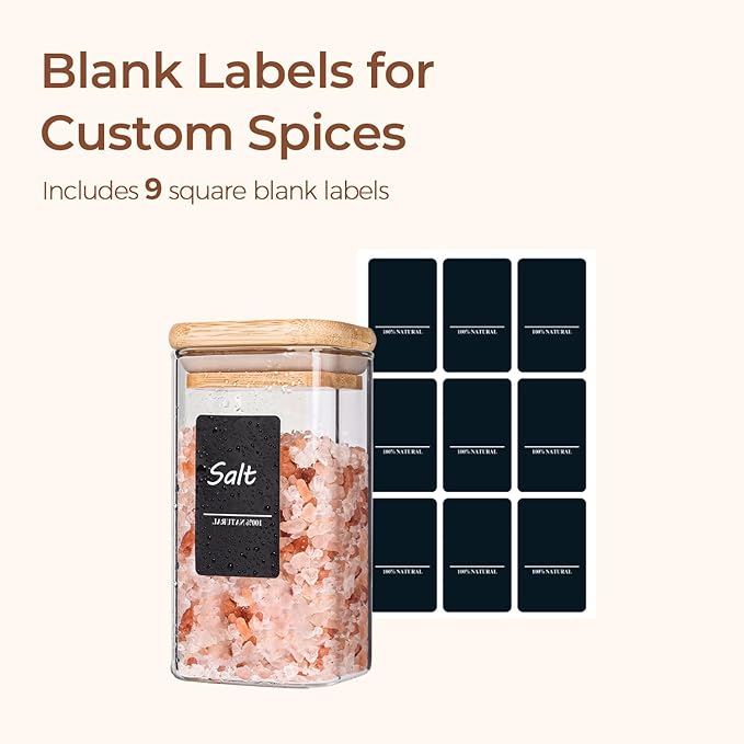 ComSaf 6Pcs 10 oz Large Spice Jars with Label Trial Set, Glass Spice Jars with Bamboo Lids Supplementary Set, Seasoning Container Trial Pack, Perfect for Ktichen Starter