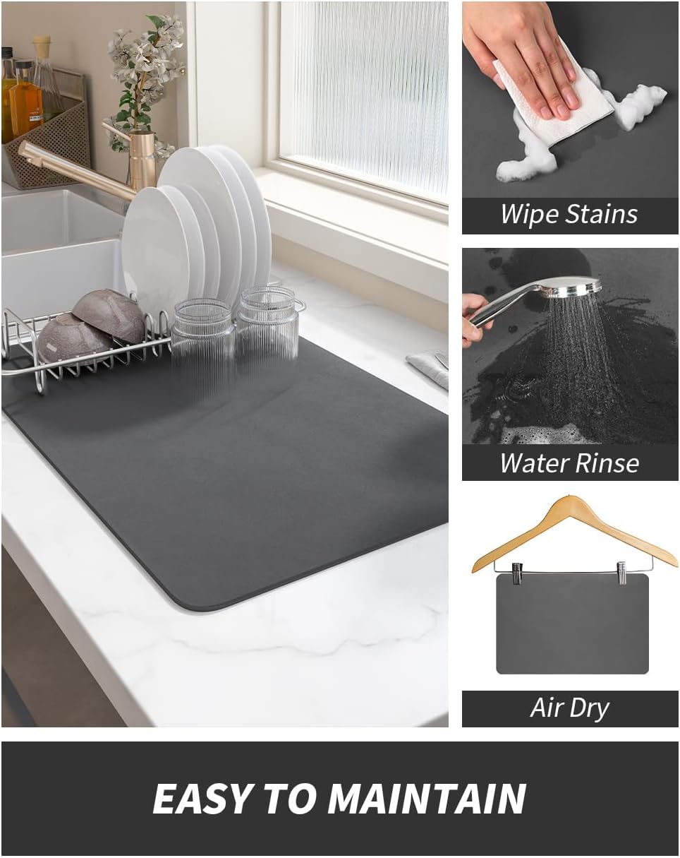 AMOAMI Coffee Mat - Hide Stain Rubber Backed Absorbent Dish Drying Mat for Kitchen Counter - Fits Under Coffee Maker or Machine