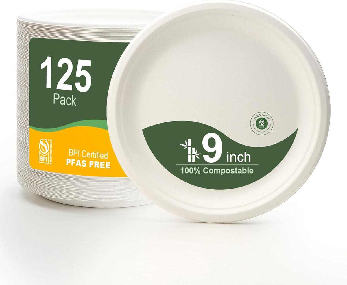 WELLIFE 100% Compostable Paper Plates 9 Inch, 125-Pack Heavy Duty Paper Plates Bulk,Biodegradable Bagasse,Eco-Friendly Disposable Dinner Plate for BBQ,Picnic,Party (BPI Certified,Microwaveable)