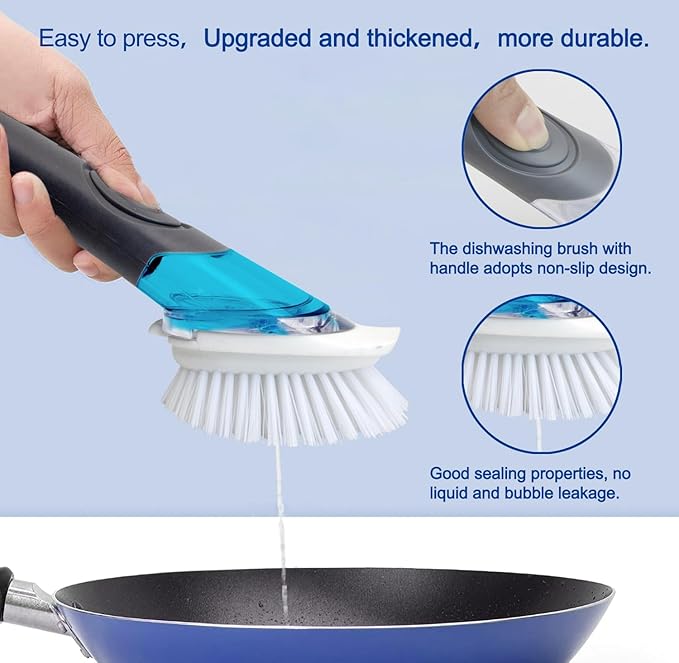 CELOX Grout Brush with Long Handle and Dish Brush with Soap Dispenser for Cleaning Pots, Dishes, Bowls, Gray