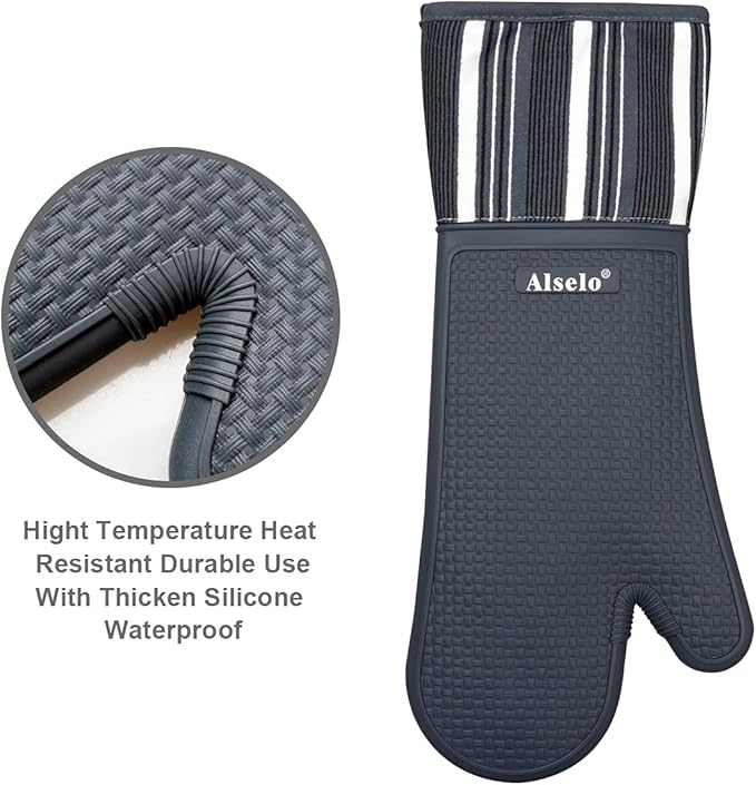 Alselo Silicone Oven Mitts Heat Resistant 550 Degree Extra Long Kitchen Gloves Pot Holders with Waterproof and Non-Silp for Baking Cooking Barbecue Microwave Machine Washable (Extra Long Grey, 2)