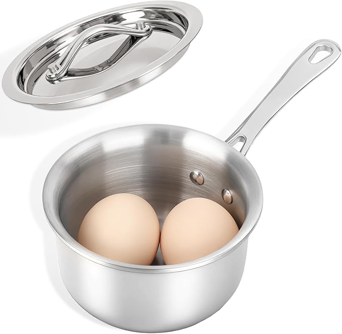 Macevia Mini Sauce Pan with Lid, Stainless Steel Butter Warmer Small Pot, For All Stoves Multipurpose Use for Home Kitchen or Restaurant (10.8oz/320ml) - Silver