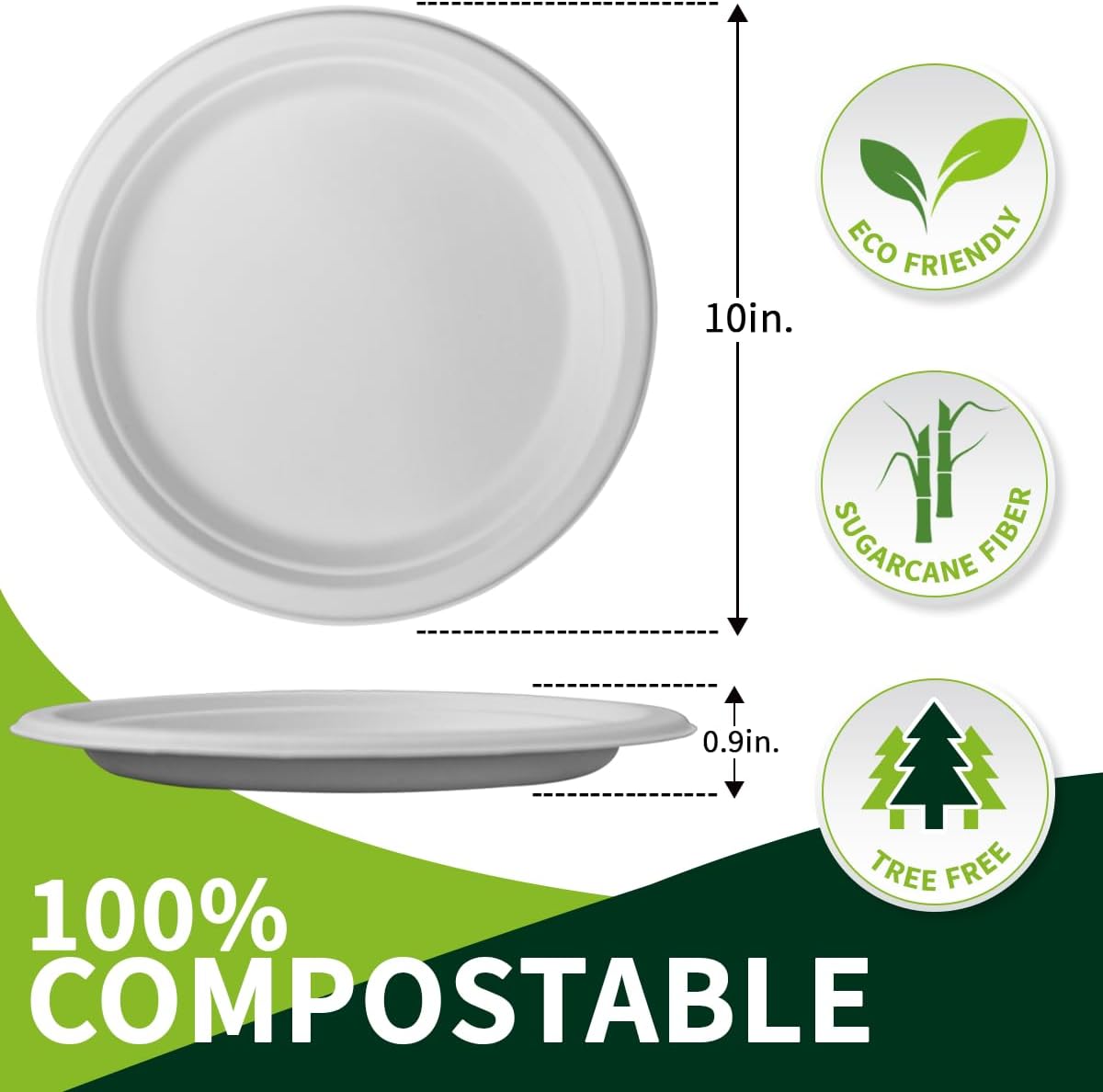 10 Inch Compostable Paper Plates【White 150 Pack】, 100% Sugarcane Bagasse Large Disposable Plates, Sturdy Heavy Duty, Biodegradable Dinnerware for Party, BBQ, Picnic, Catering