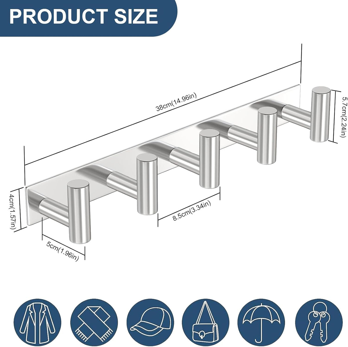 PMMASTO Coat Rack Wall Mounted, 5 "T Shaped Wall Hooks for Hanging, Heavy Duty Stainless Steel Coat Hook Rail for Hat Towel Robes in Bathroom Kitchen Mudroom Entryway (Silver, 1 Pack)