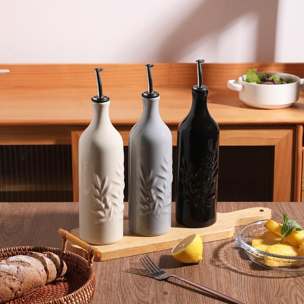Sweejar Large Ceramic Olive Oil Dispenser Bottle, 24 Oz Relief Opaque Oil Cruet Protects Oil To Reduce Oxidation, Storage Vinegar, Soy Sauce, Coffee Syrup, Liquids, Set of 1 (Gray)
