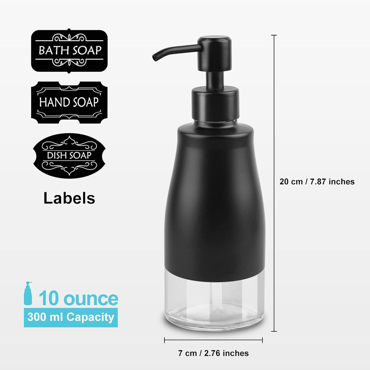 Soap Dispenser with Stickers, Stainless Steel Case Glass Liner Hand Pump Dispenser, Refillable Dish Soap Dispenser for Kitchen Bathroom, Decorative Liquid Hand Soap Dispensers Matte Black(10 OZ)