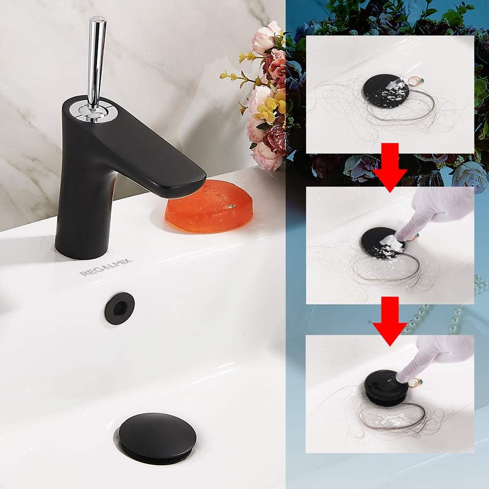 Vessel Sink Drain, Bathroom Faucet Vessel Sink Pop Up Drain Stopper, Built-in Anti-Clogging Strainer, with Overflow Matt Black, Fits Standard American Drain Hole(1-1/2" to 1-3/4") RWF083P