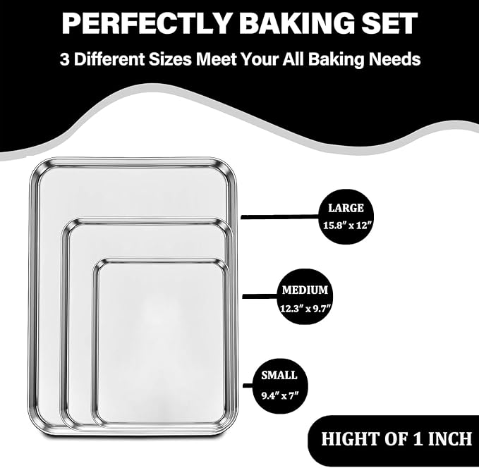 Set of 3 Baking Sheet, Stainless Steel Cookie Sheet Baking Sheet Pan, 9/12/16 Inch Cookie Tray Pans for Baking, Non Toxic & Easy Clean
