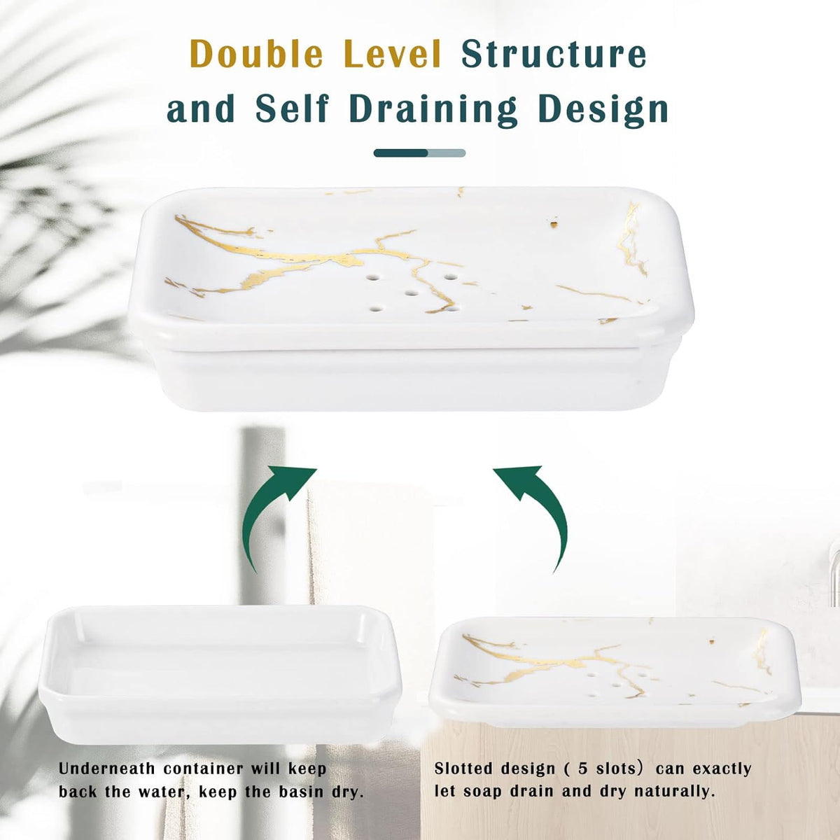 Shinowa Ceramic Soap Dish,Double Soap Holder with Drain,Porcelain Self Draining Soap Dish,Bar Soap Holder for Shower Bathroom Kitchen,Keeps Soap Dry,Easy Cleaning, White