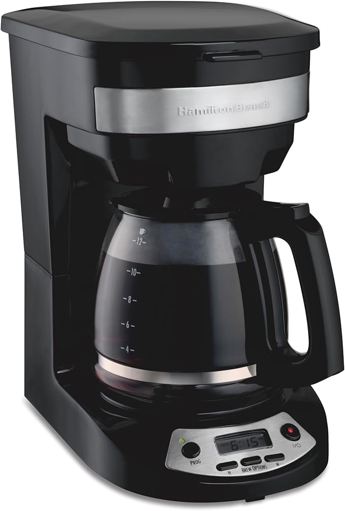 Hamilton Beach 12 Cup Programmable Drip Coffee Maker Machine, Regular & Bold Brew Options, Auto Pause and Pour, Glass Carafe, Black with Stainless Accents (46299J)