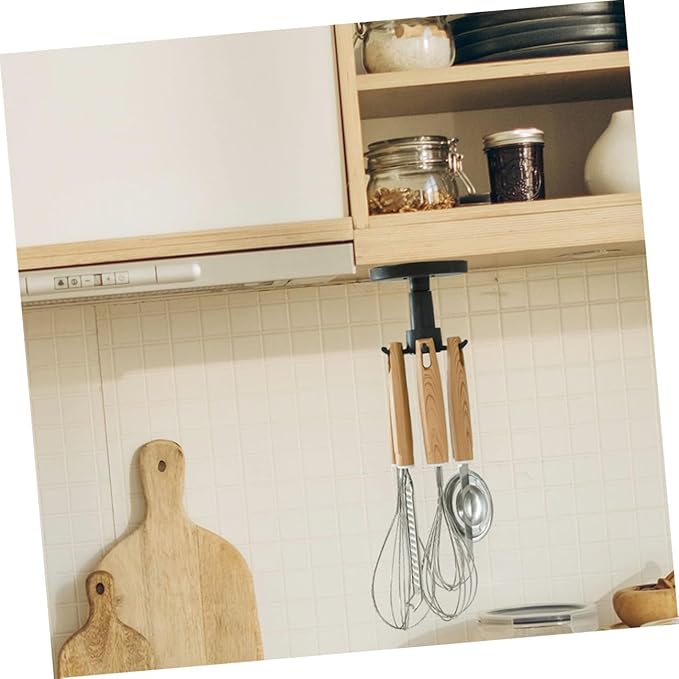 Lurrose 3pcs Rotating Kitchen Utensil Hooks Set, Black Metal Hanging Rack for Spatula Spoon Storage, Under Cabinet Organizer for Kitchen Cooking Tools