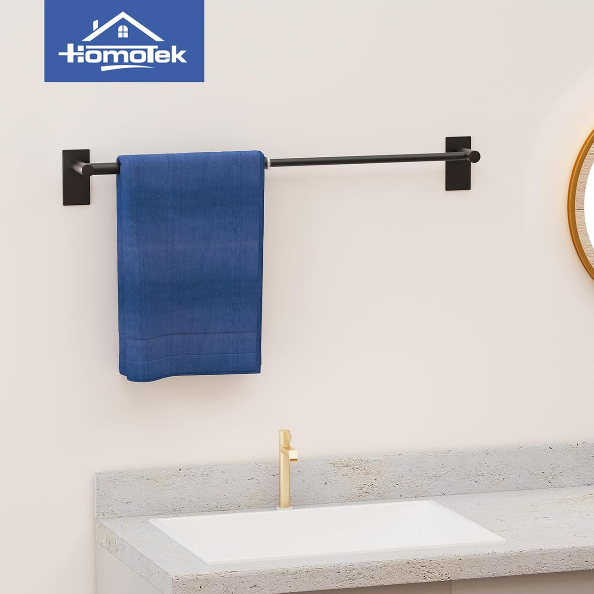 Adhesive Adjustable Towel Bar, HOMOTEK Economical Self Stick Towel Holders, Towel Rod Size from 12 Inch to 22 Inch Single Towel Racks, Towel Hanger Hook for Kitchen(1 Pack Matte Black)