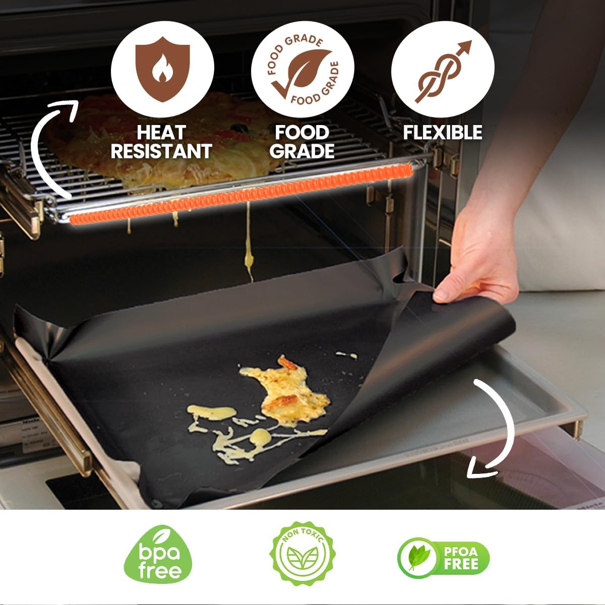 Oven Liners for Bottom of Oven Black (2-pack) Bundled with Rack Shield (2-pack) - Large Mat for Bottom of Range (17"x 25") and 22" Orange Stove Guards for Racks - Reusable & Heat Resistant